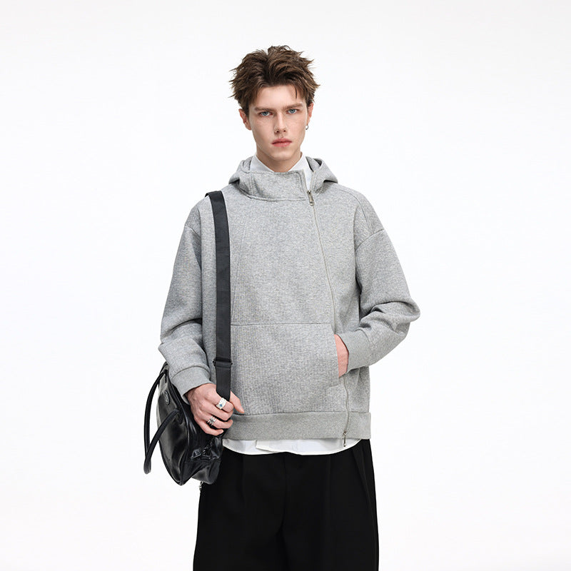 Unisex Asymmetrischer Kapuzenpullover mit hohem Kragen, diagonalem Reißverschluss und Kängurutasche Drune