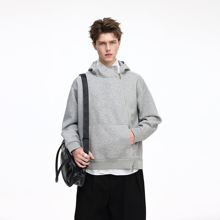 Unisex Asymmetrischer Kapuzenpullover mit hohem Kragen, diagonalem Reißverschluss und Kängurutasche Drune