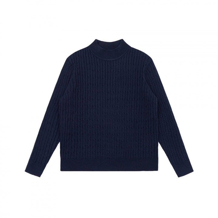 Unisex Oversize Zopfmuster-Pullover mit kurzem Stehkragen und geripptem Saum Drune