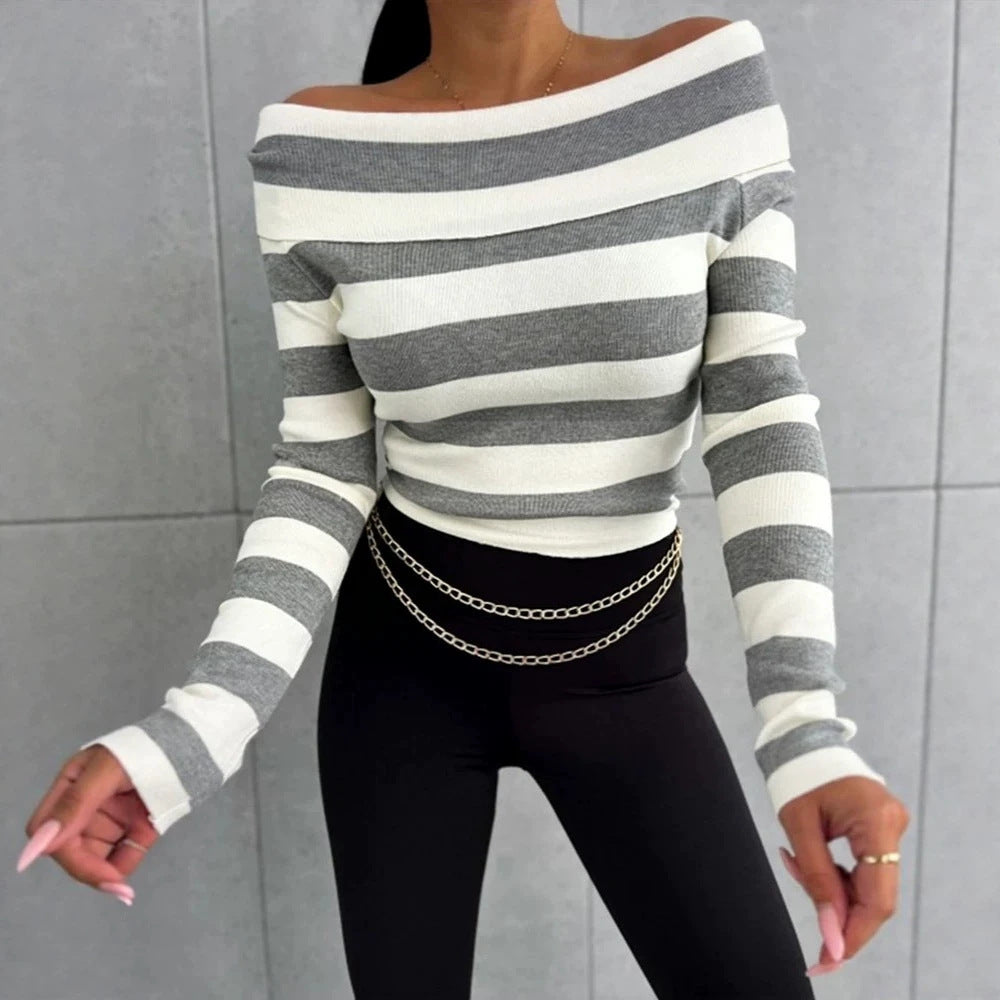 Damen Lässiges gestreiftes Oberteil im Off-Shoulder-Stil Drune