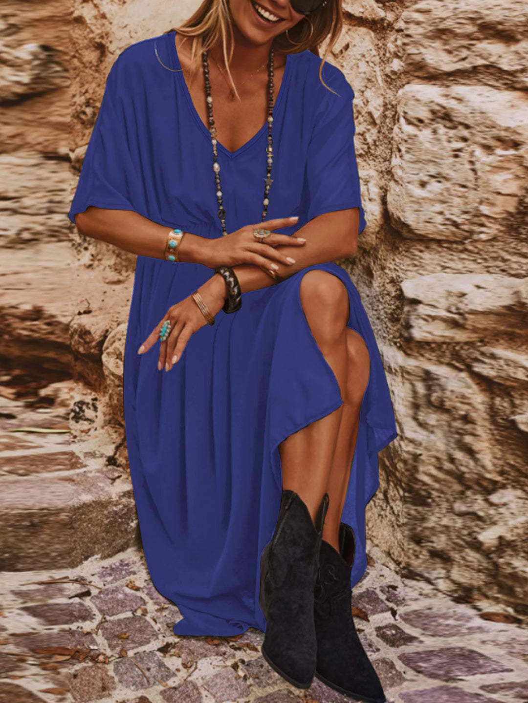 Damen Langes Boho‑Maxikleid mit V‑Ausschnitt, weiten Fledermausärmeln und hohem Beinschlitz Drune