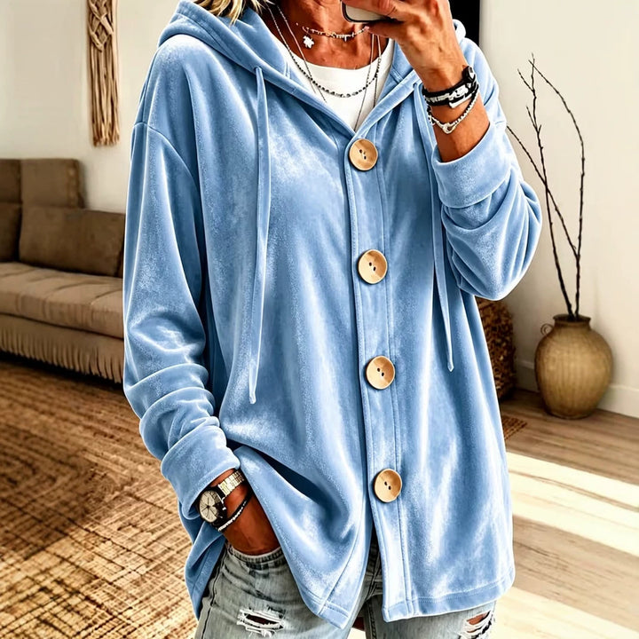 Damen Oversize Kapuzen-Samtjacke mit großen Holzknöpfen und weichem Veloursfutter Drune