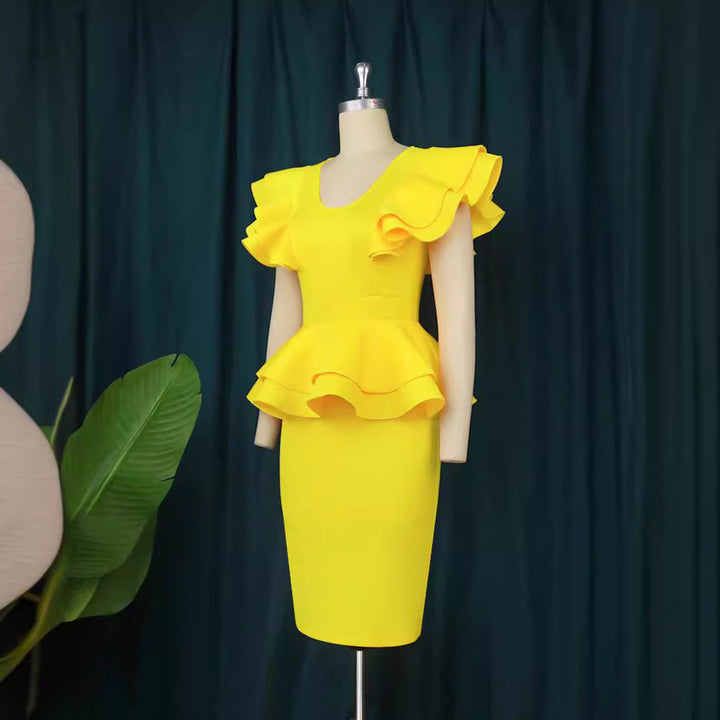Damen figurbetontes Kleid mit voluminösem Rüschenabschluss Drune