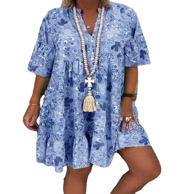 Damen nan A-Linien-Tunika-Minikleid mit V-Ausschnitt, stufigem Volant und Boho-Bandana-Print Drune