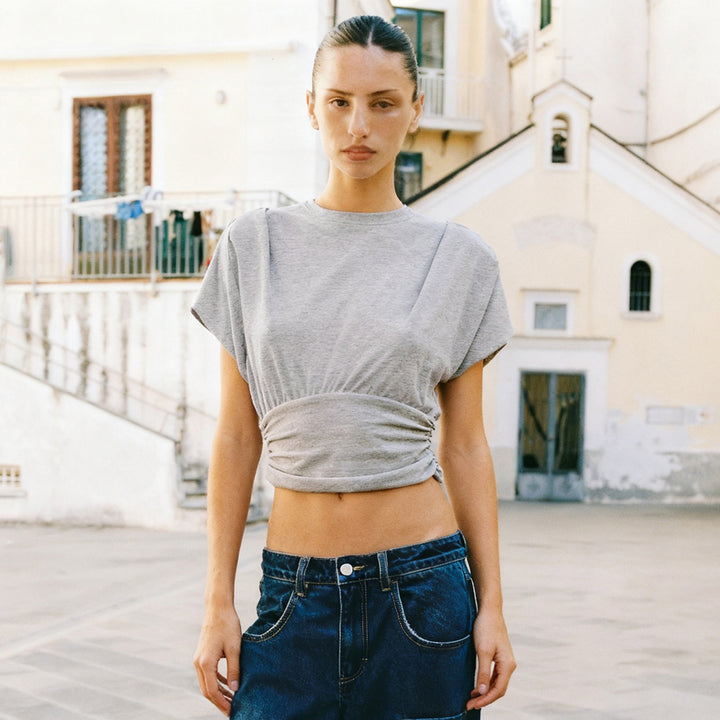 Damen lässiges Oversized T-Shirt mit elastischem Bund und Raffung Drune