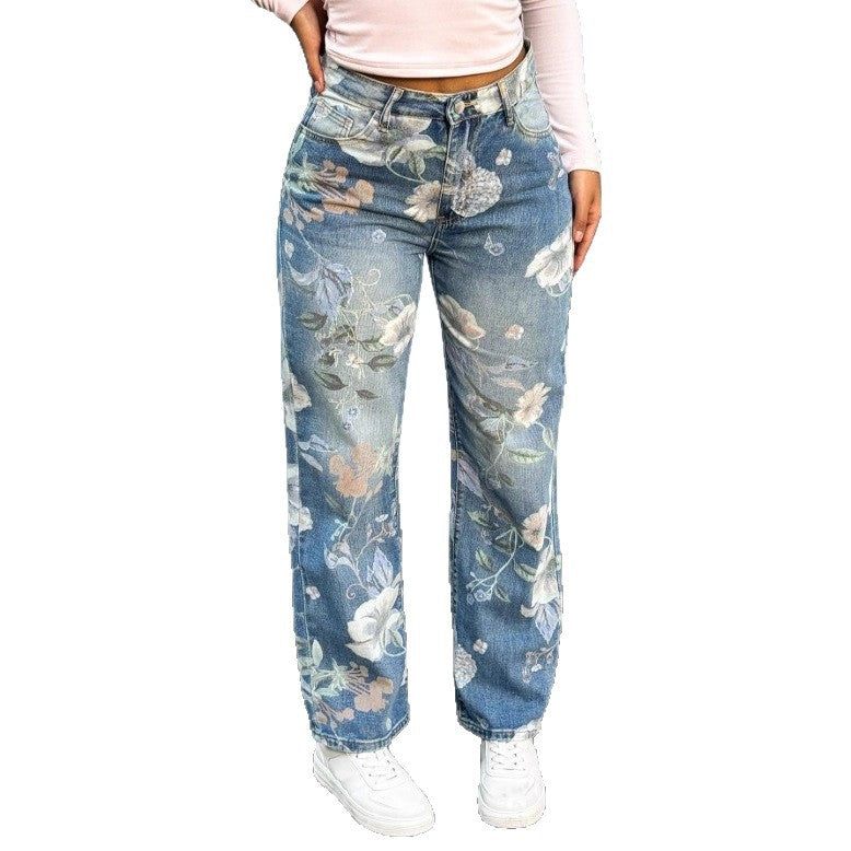 Damen High-Waist Straight-Jeans mit floralem Print und relaxed Fit Drune
