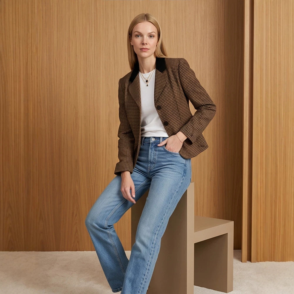 Damen Taillierter Hahnentritt-Blazer mit Samtkragen und Zweiknopfleiste Drune