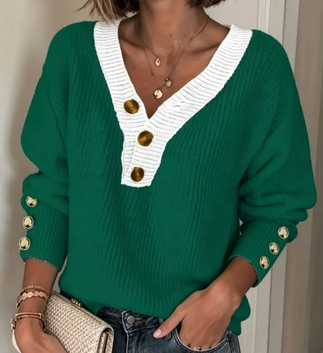 Damen Feinstrickpullover mit tiefem V-Ausschnitt, kontrastierter Knopfleiste und Zierknopf-Ärmeln Drune