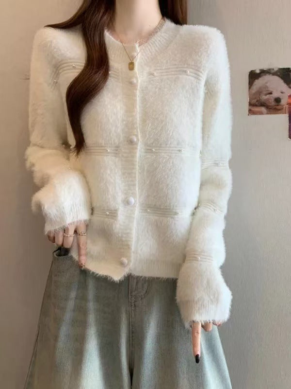 Damen Gemütlicher Strickcardigan mit Perl-Details Drune