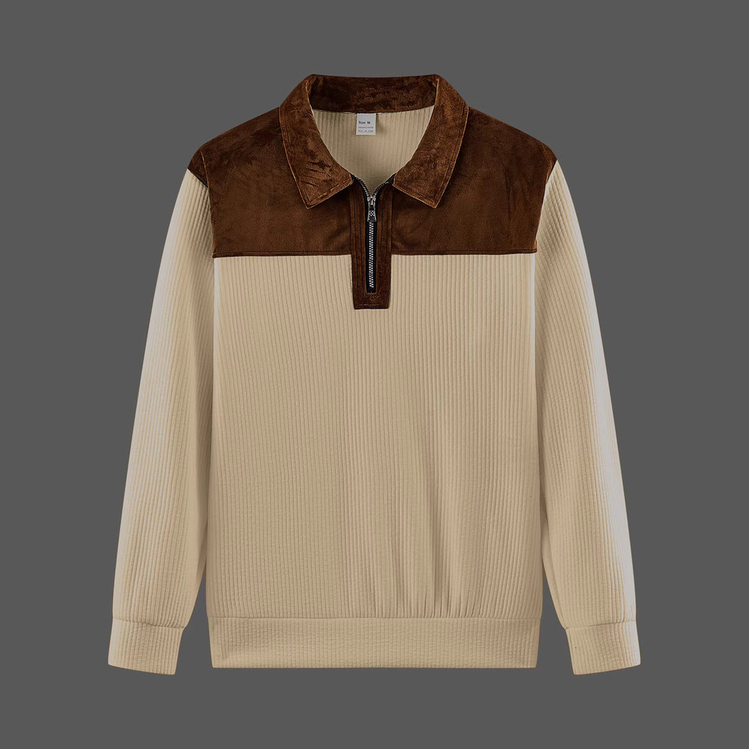 Unisex nan feinstrukturierter Strickpullover mit halbem Reißverschlusskragen und Samtbesatz Drune