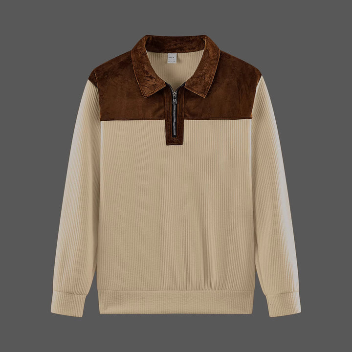 Unisex nan feinstrukturierter Strickpullover mit halbem Reißverschlusskragen und Samtbesatz Drune