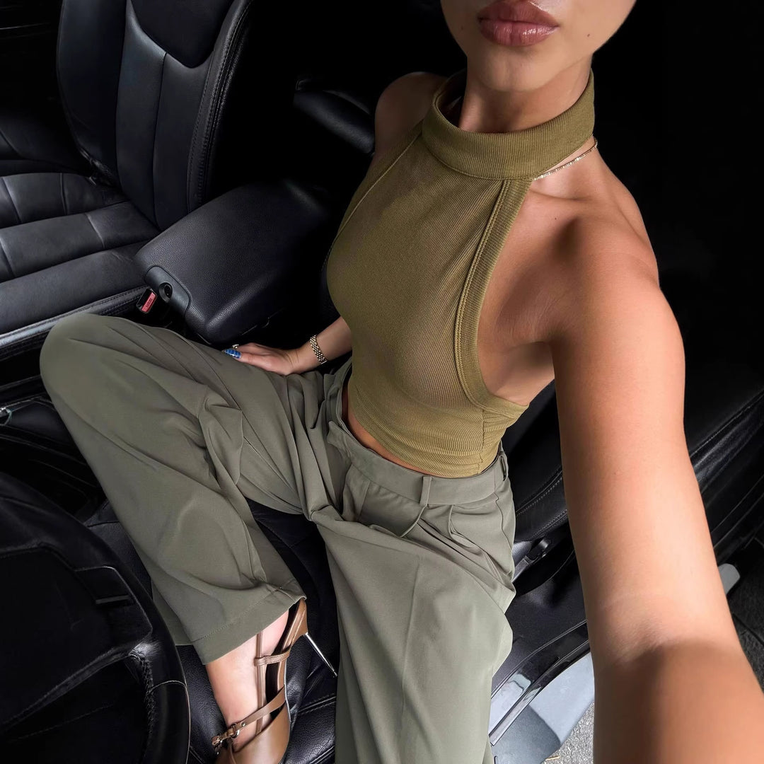 Damen High-Neck Crop-Top aus elastischem Material Drune