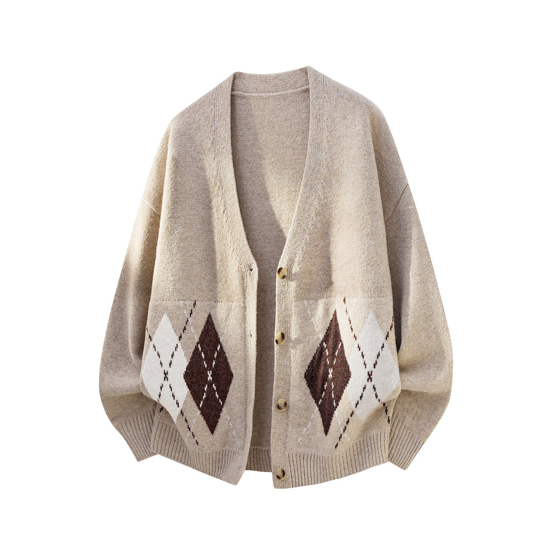 Damen Oversized Strickcardigan mit Argyle-Muster und V-Ausschnitt Drune
