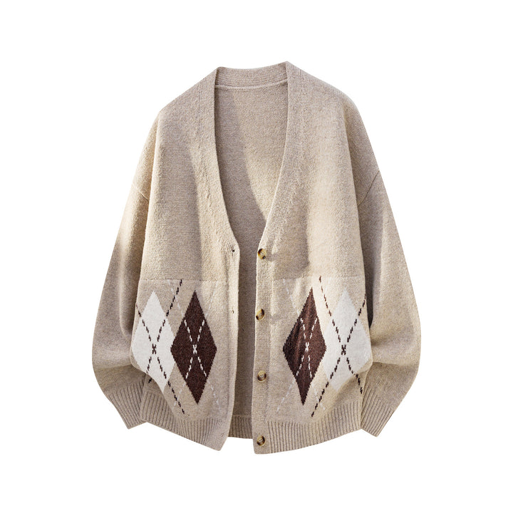 Damen Oversized Strickcardigan mit Argyle-Muster und V-Ausschnitt Drune