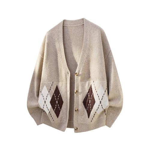 Damen Oversized Strickcardigan mit Argyle-Muster und V-Ausschnitt Drune