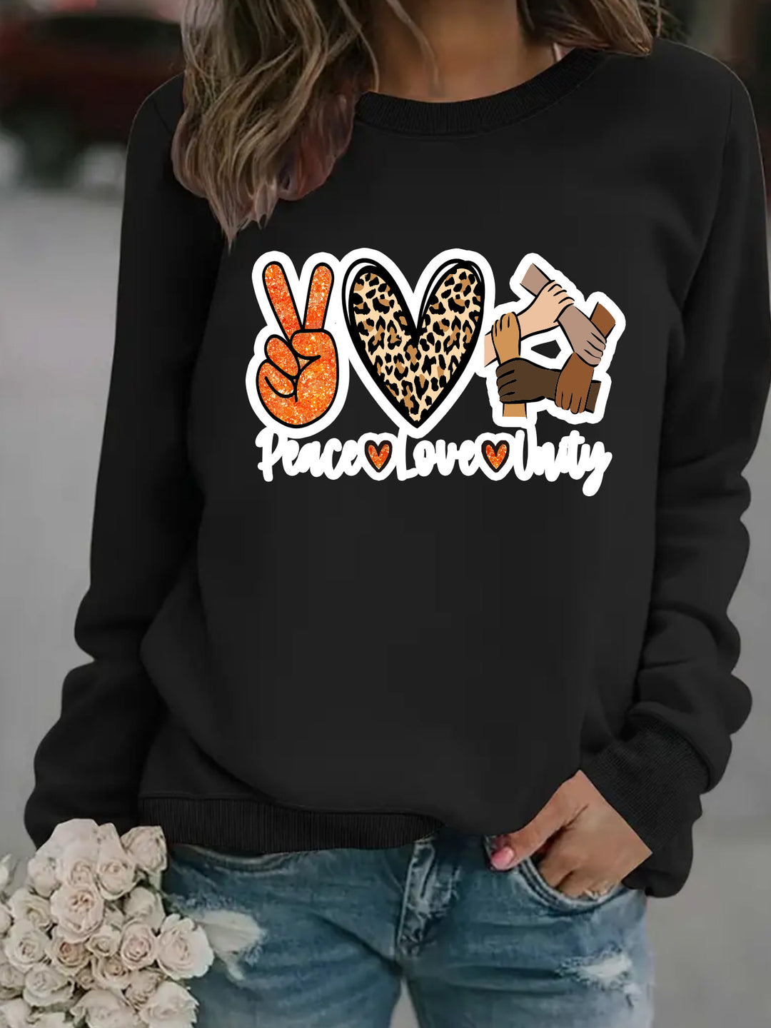 Damen Sweatshirt mit kreativem Peace, Love & Unity Motiv Drune