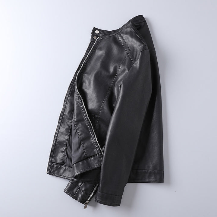 Herren Stilvolle Kunstlederjacke mit hohem Kragen Drune