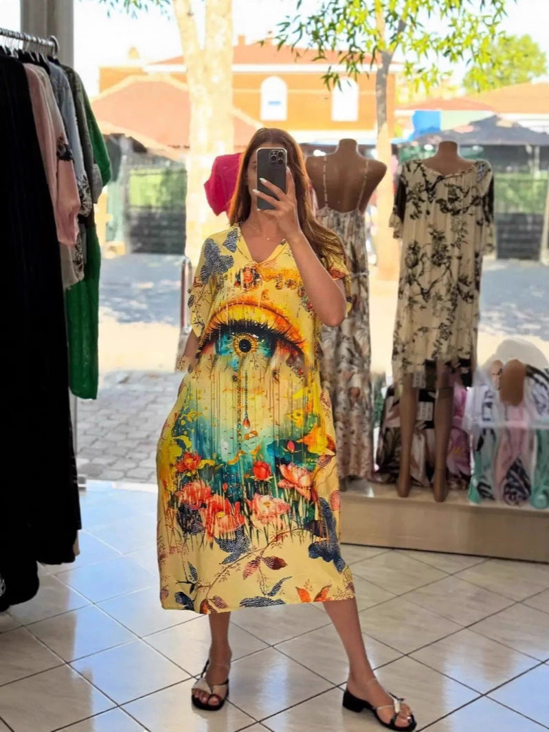 Damen nan fließendes Maxi-Kaftankleid mit V-Ausschnitt und großflächigem Aquarell-Blumenprint Drune