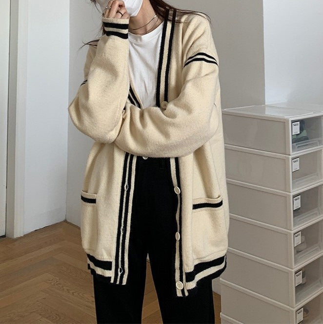 Damen bequeme Strickjacke mit lässigem Schnitt und dekorativem Streifen Drune