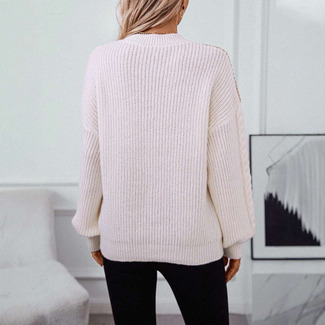 Damen Strickpullover mit modernen Farbblocklinien und Zopfmuster Drune
