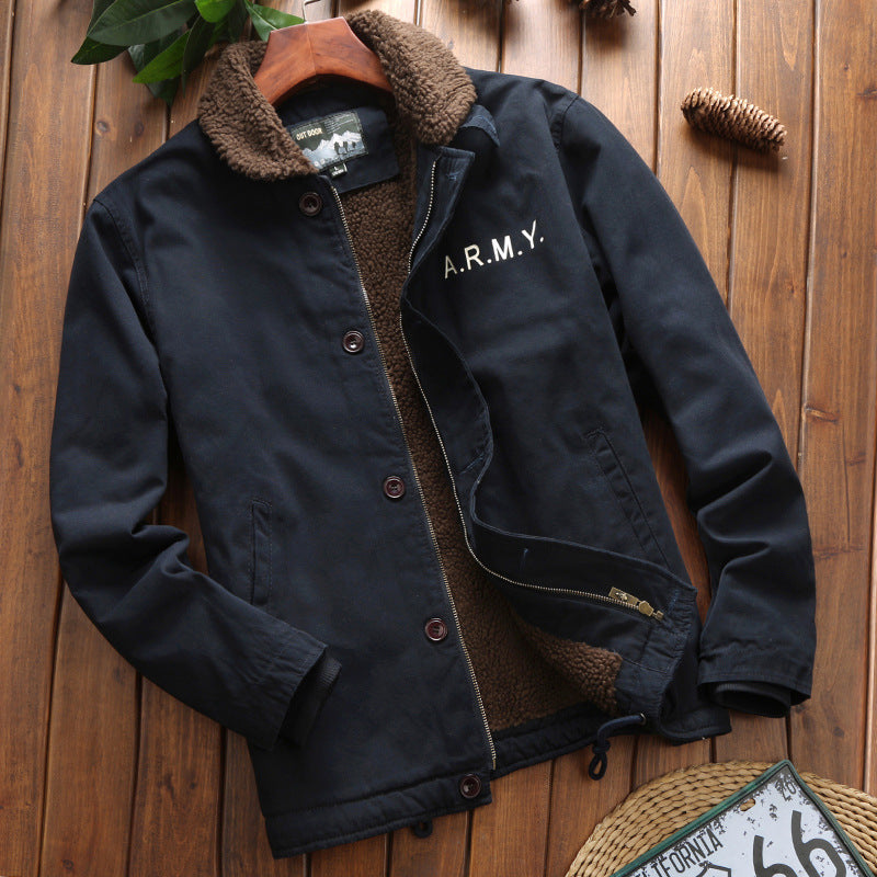 Herren Gefütterter Canvas‑Blouson mit Teddyfleece‑Innenfutter, Hemdkragen und Military‑Print Drune