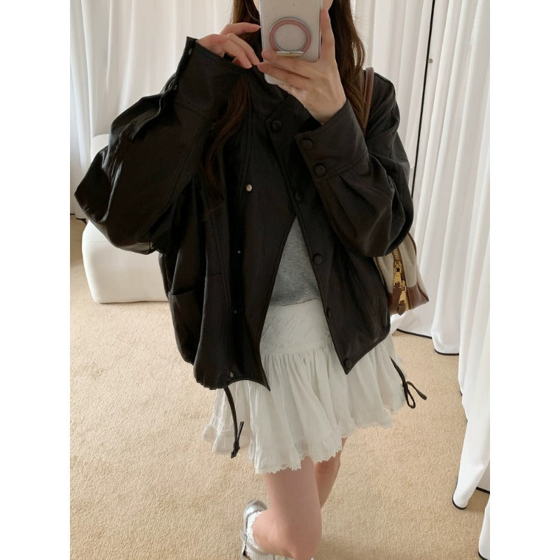 Damen Oversized Bikerjacke aus Kunstleder mit breitem Revers und voluminösen Ärmeln Drune