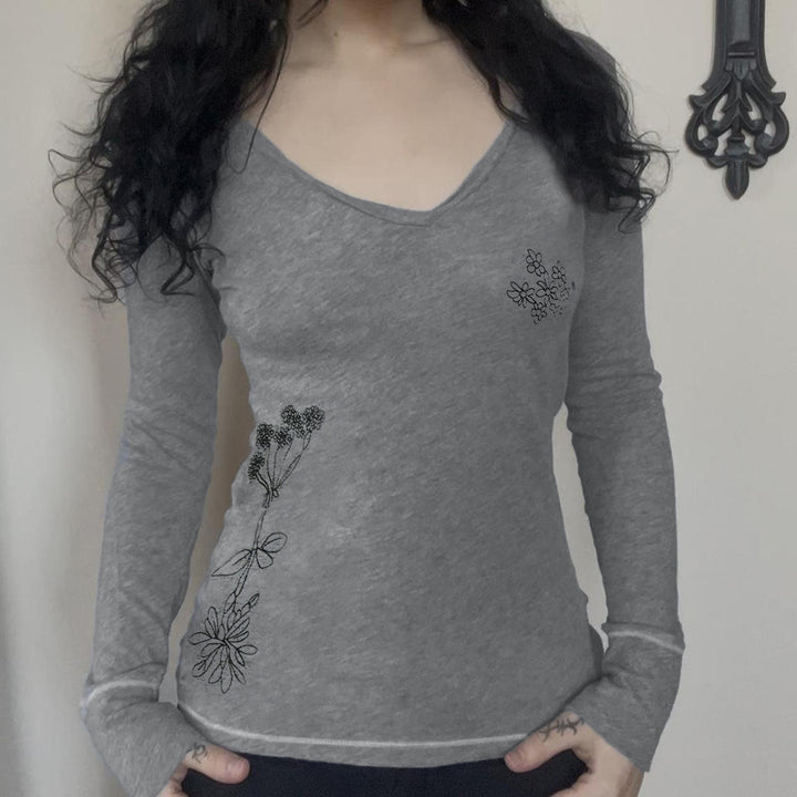 Damen Langärmeliges V-Ausschnitt-Shirt mit feiner Blumenstickerei Drune