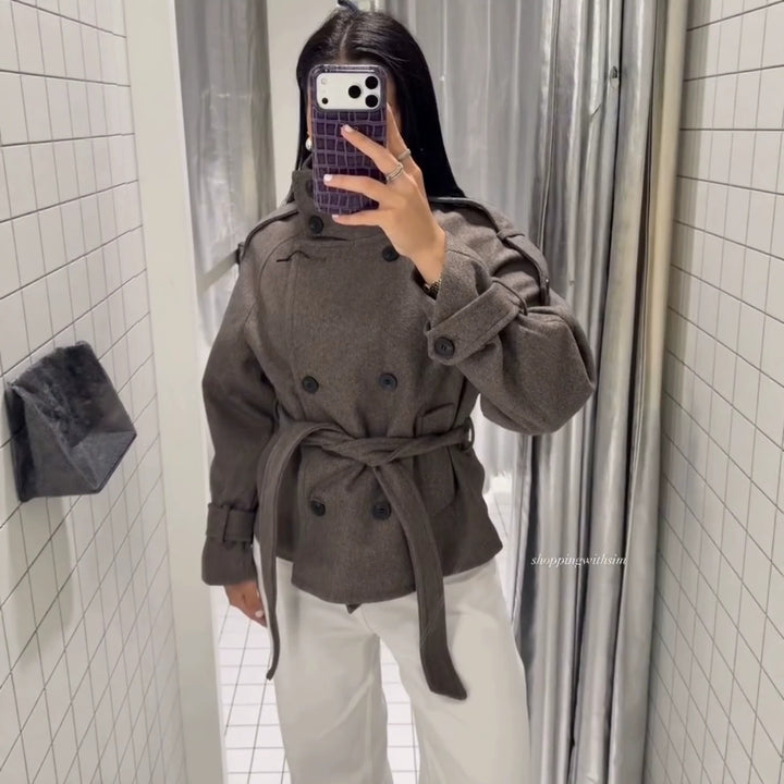 Damen Kurzblouson‑Trenchcoat aus Wollmix mit hohem Stehkragen und Bindegürtel Drune