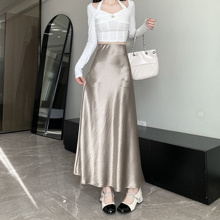Damen nan eleganter Midirock aus Satin mit A-Linie und nahtlosem Bund Drune