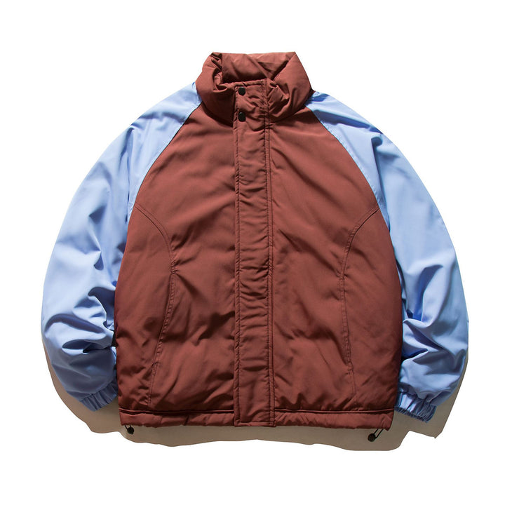 Unisex Kurz geschnittene Colorblock-Wattierungsjacke mit Raglanärmeln und hohem Stehkragen Drune