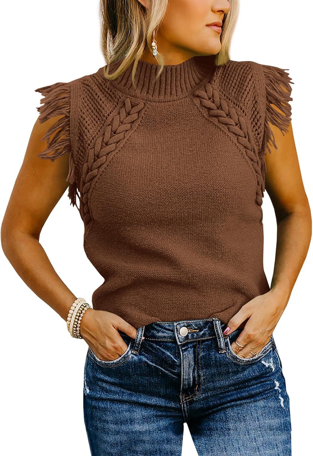 Damen elegantes Stricktop mit raffiniertem Häkelmuster und Fransen Drune