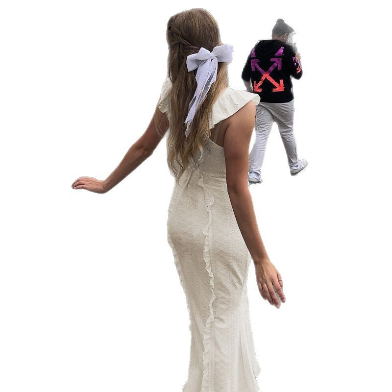 Damen schulterfreies Maxikleid mit Rüschendetails und taillierter Silhouette Drune