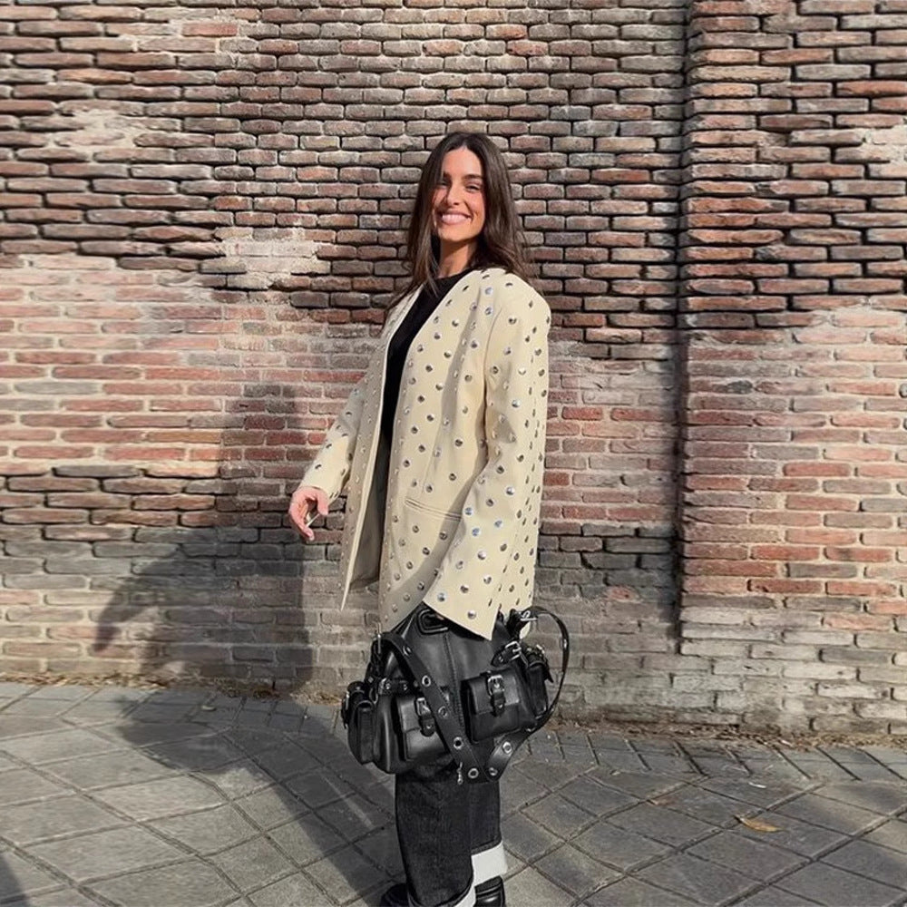 Damen Elegante Blazerjacke mit glamourösen Steinapplikationen Drune