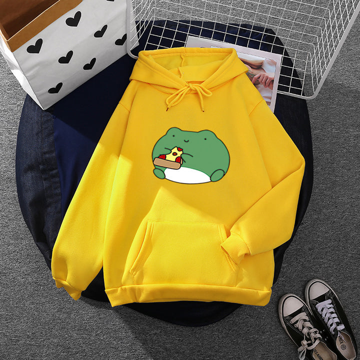 Damen nan gemütlicher Kapuzenpullover mit kawaii Frosch‑Pizza‑Motiv und oversized Relax‑Fit Drune