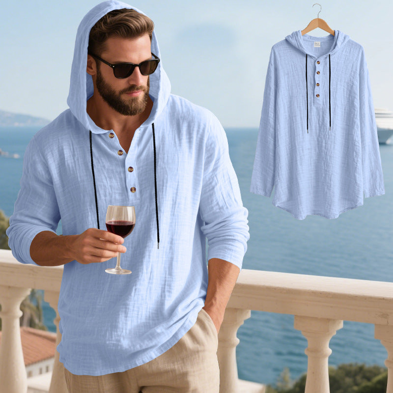 Herren nan lässiges Kapuzen-Henleyshirt in Leinenoptik mit durchgehender Knopfleiste und relaxed Fit Drune