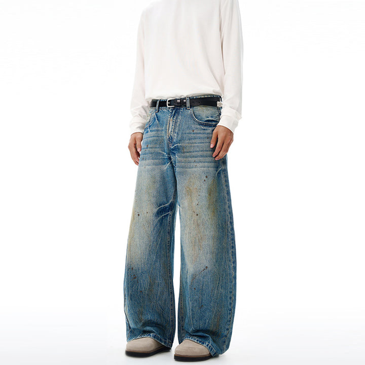Herren Ultraweite Denim-Baggyhose im Vintage-Look mit Farbpatina und tiefem Schritt Drune