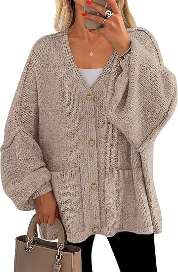 Damen Oversized Strickjacke mit Knöpfen und großen Taschen Drune