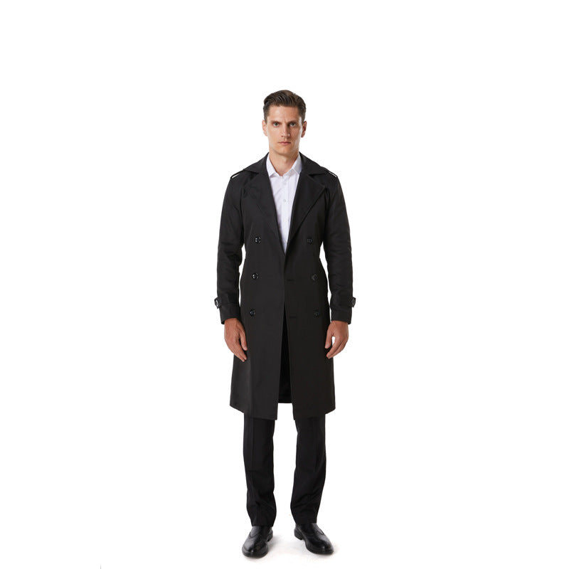 Herren Knielanger Trenchcoat im klassischen Doppelreiher mit Schulterklappen und Taillengürtel Drune