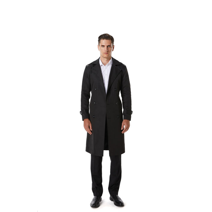 Herren Knielanger Trenchcoat im klassischen Doppelreiher mit Schulterklappen und Taillengürtel Drune