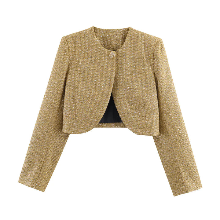 Damen nan kurzes Bouclé-Blazerjacke mit Rundhals und Zierknopf Drune