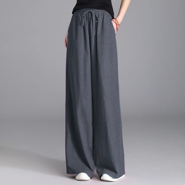 Damen nan weite Palazzo Leinenhose mit elastischem Kordelbund und Seitentaschen Drune