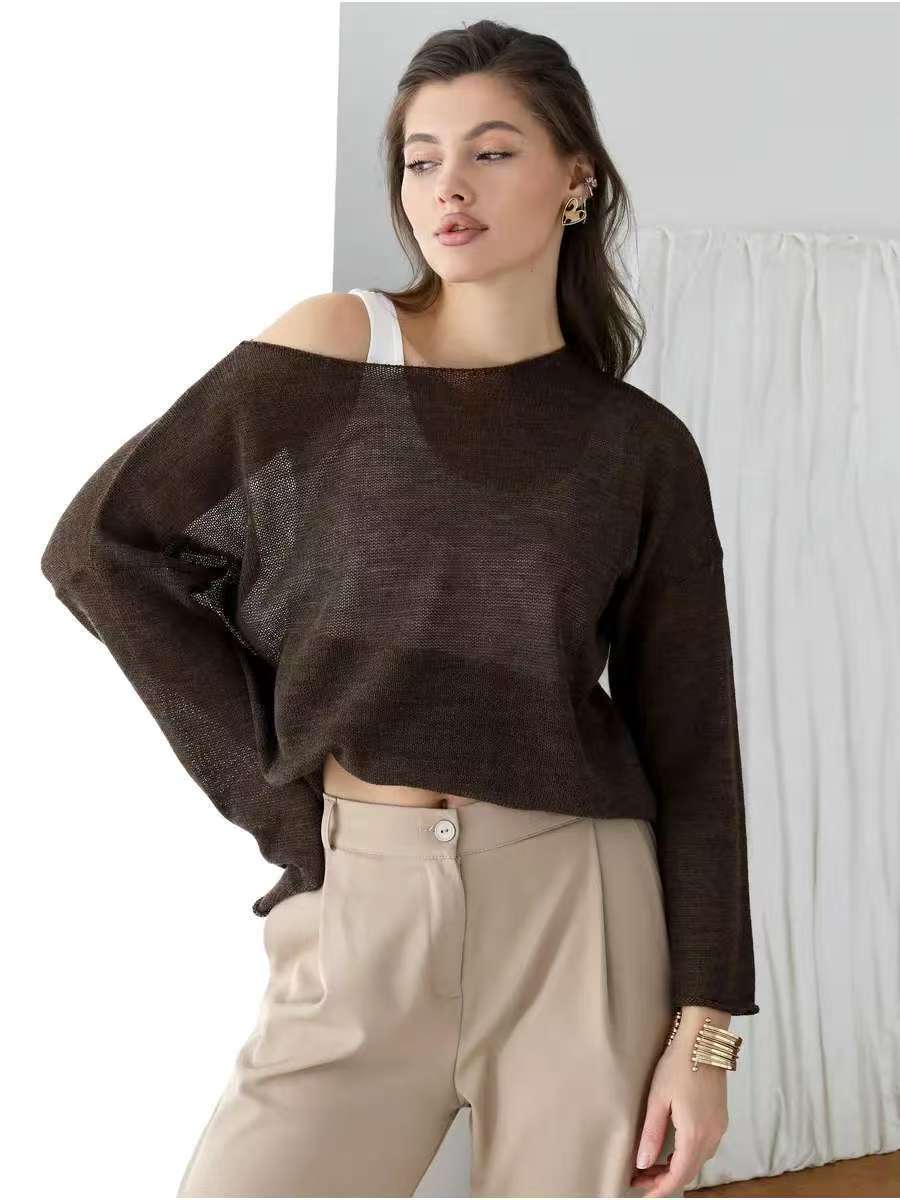 Damen luftiger Off-Shoulder Pullover mit weitem Schnitt aus feiner Strickqualität Drune
