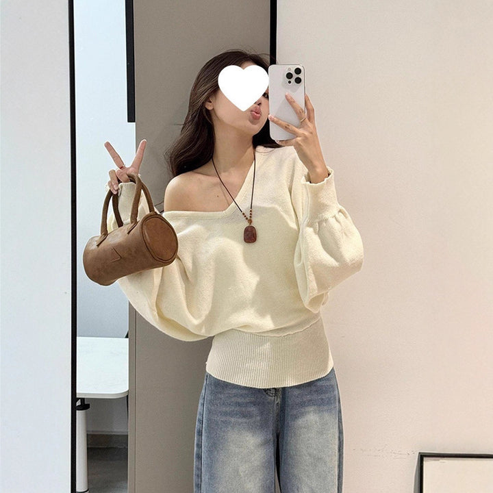 Damen lockerer Pullover mit taillierbarem Gürtel und V-Ausschnitt Drune