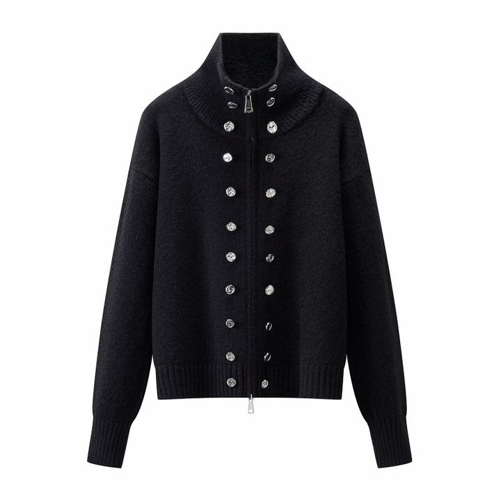 Damen Cropped Strickjacke mit hohem Stehkragen, Zierknopfleiste und Doppelreißverschluss Drune