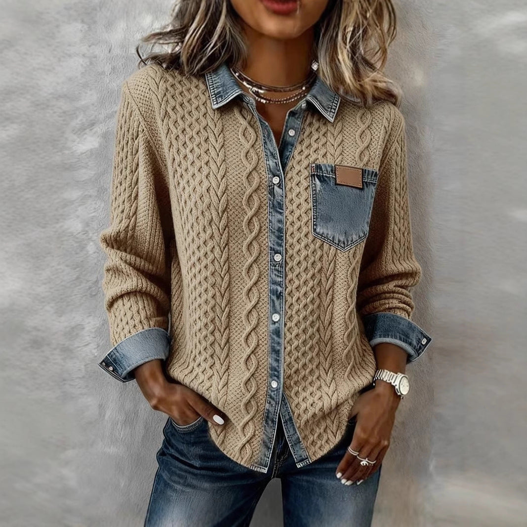 Damen Strickjacke mit Denim-Look-Kragen, dekorativer Knopfleiste und Brusttasche Drune