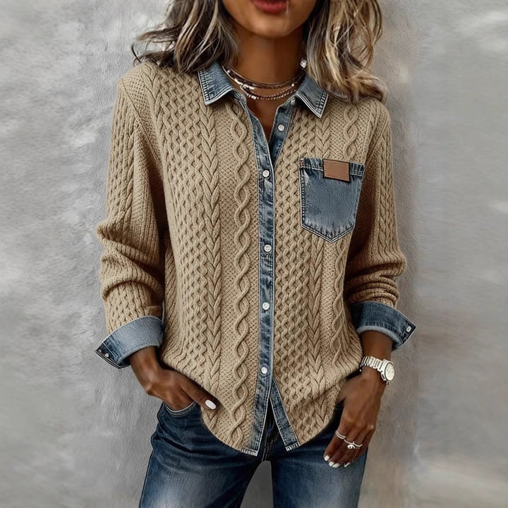 Damen Strickjacke mit Denim-Look-Kragen, dekorativer Knopfleiste und Brusttasche Drune