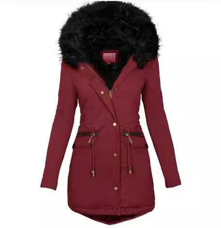 Damen Slim-Fit Thermo-Parka mit voluminöser Kunstfellkapuze und Tunnelzug Drune