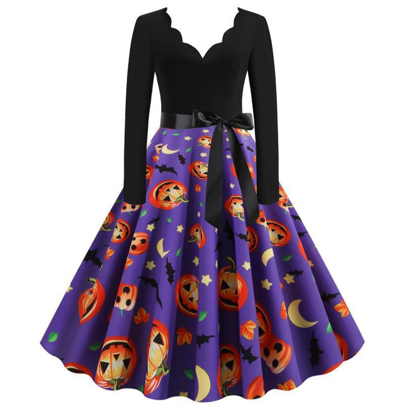 Damen Vintage Swingkleid mit Halloween-Kürbisprint und tailliertem Satinschärpenbund Drune