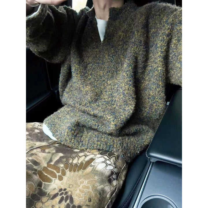 Herren Melangé Grobstrick-Pullover mit V-Schlitz und lockerem Oversize-Schnitt Drune
