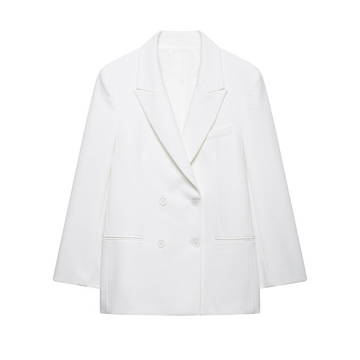 Damen Doppelreihiger Longline-Blazer mit Oversize-Schnitt und Paspeltaschen Drune